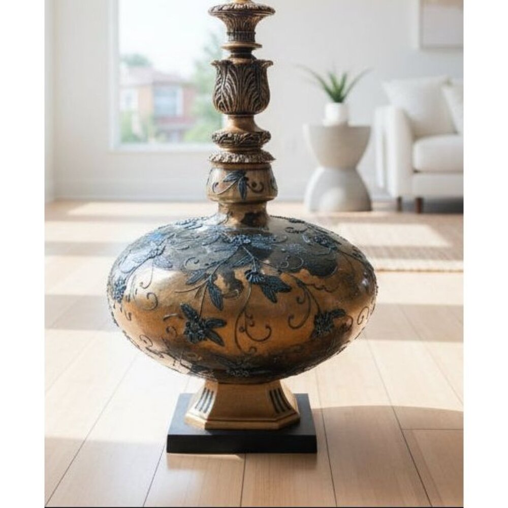 Vintage Hollywood Regency Green Glass Brass Table Lamp circa 1960's to 1970's